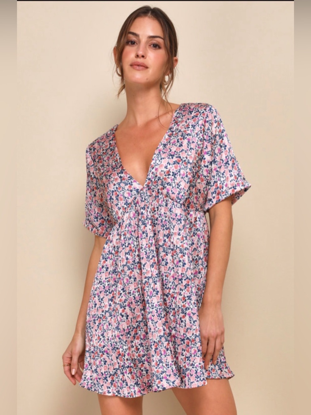 Floral Pink V-Neck Short Sleeve Babydoll Dress